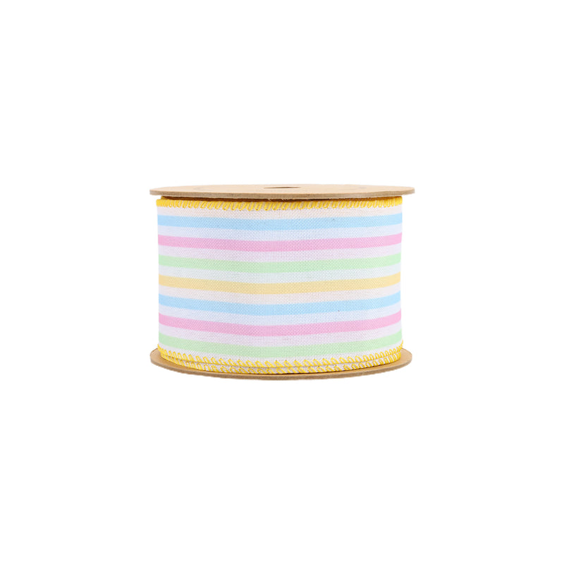 2 1/2" Wired Ribbon | White w/ Bright Railroaded Stripes Green/Pink/Blue/Yellow | 10 Yard Roll