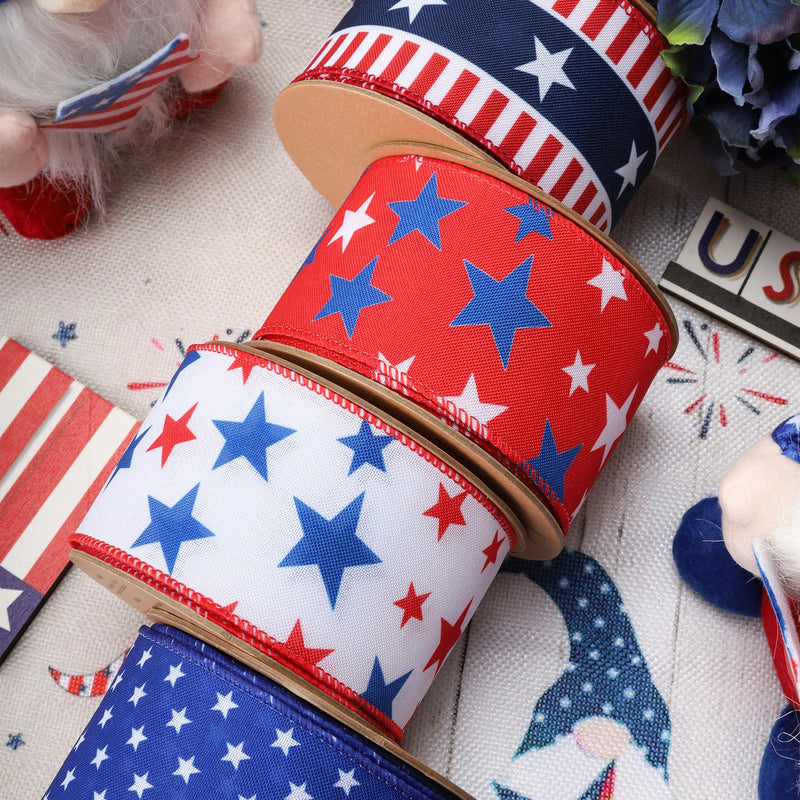 2 1/2 Wired Ribbon | Red w/ White/Blue Stars | 10 Yard Roll