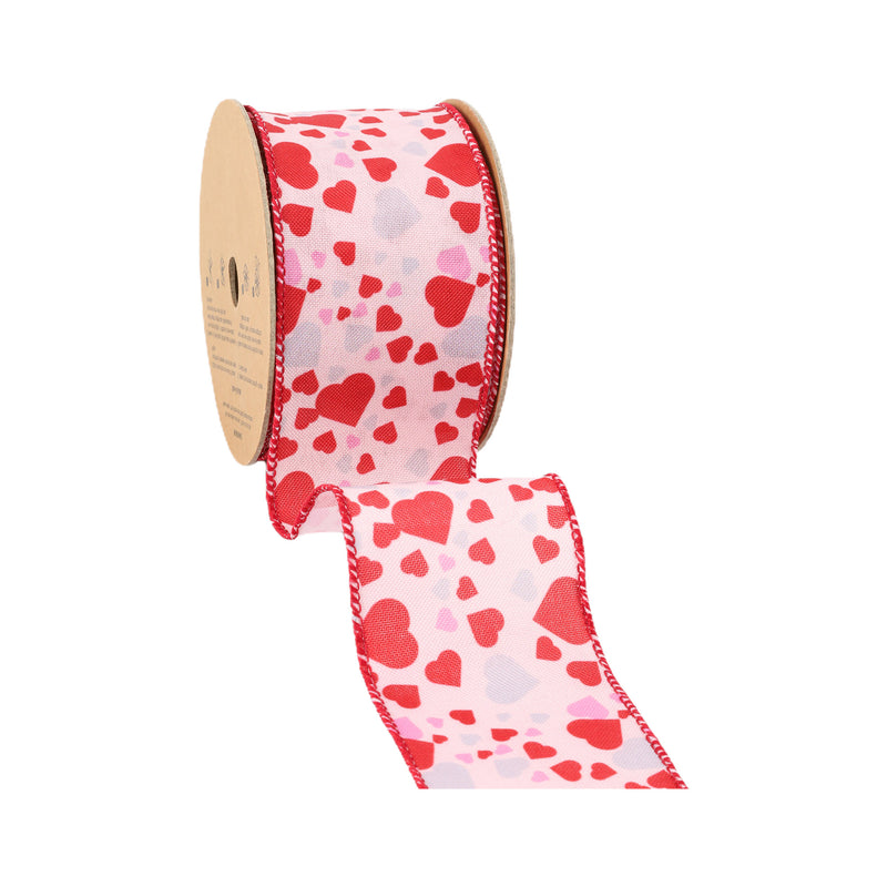 2 1/2 Wired Ribbon | Pink w/ Red/Pink/Lav Allover Hearts | 10 Yard Roll