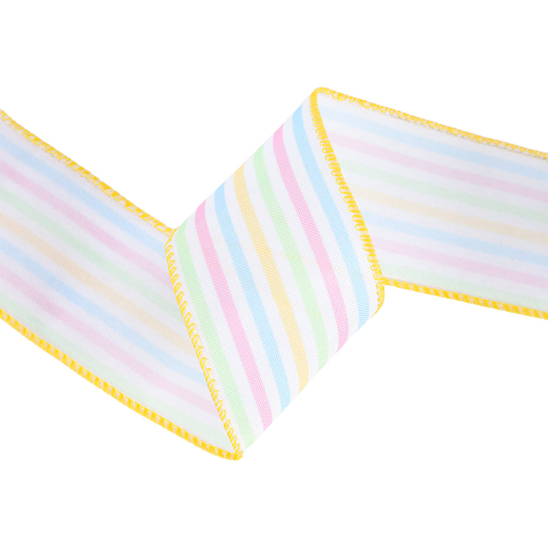 2 1/2" Wired Ribbon | White w/ Bright Railroaded Stripes Green/Pink/Blue/Yellow | 10 Yard Roll