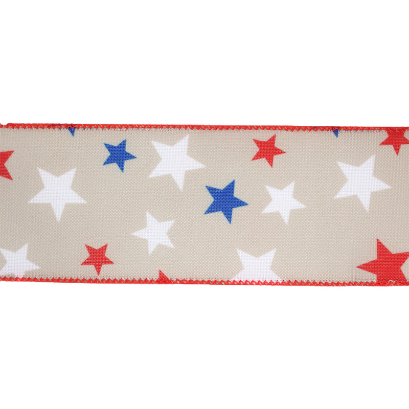 2 1/2 Wired Ribbon | Natural w/ Red/White/Blue Stars | 10 Yard Roll