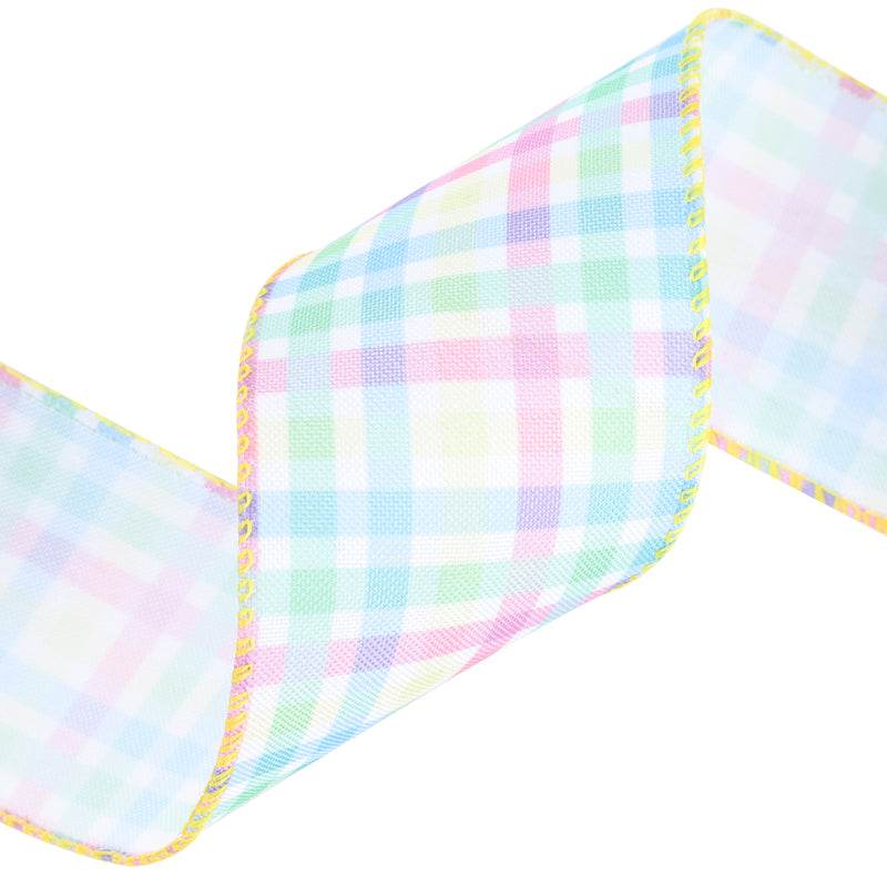 2 1/2" Wired Ribbon | White w/ Bright Plaid Green/Blue/Yellow/Pink | 10 Yard Roll