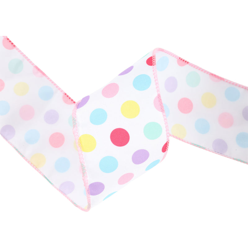 2 1/2" Wired Ribbon | White w/ Pastel Dots | 10 Yard Roll