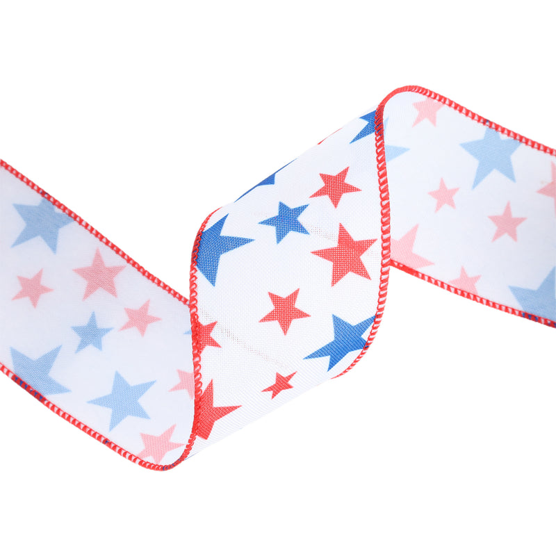 2 1/2 Wired Ribbon | White w/ Red/Blue Stars | 10 Yard Roll