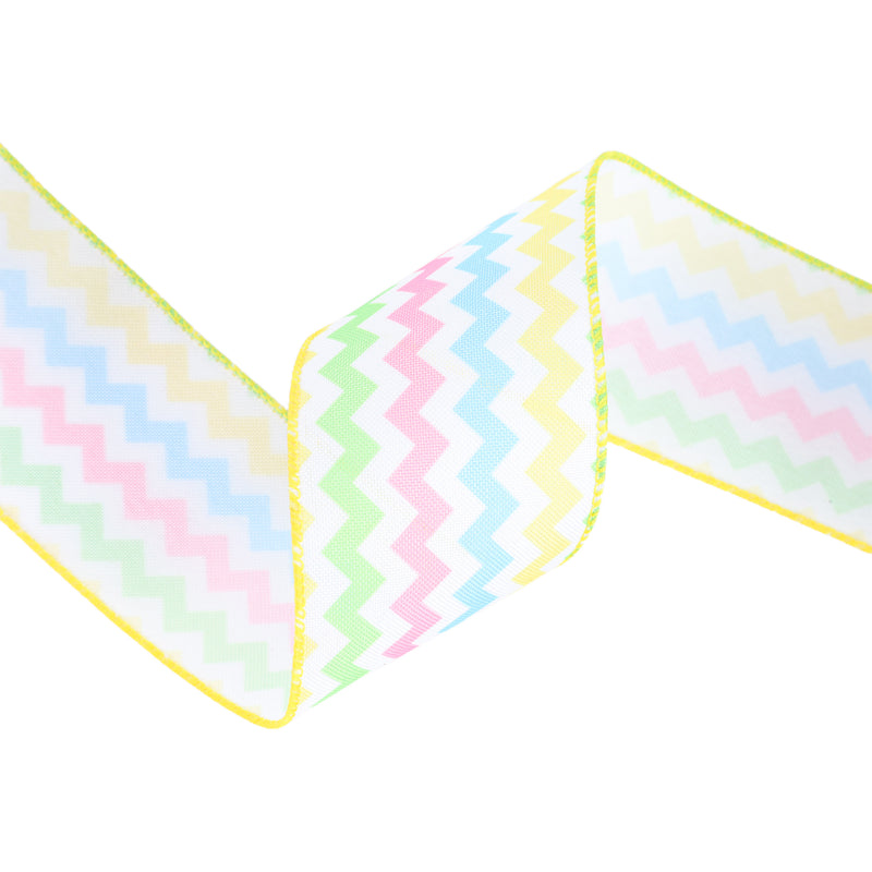 2 1/2" Wired Ribbon | White w/ Bright Ric Rac Green/Pink/Blue/Yellow | 10 Yard Roll