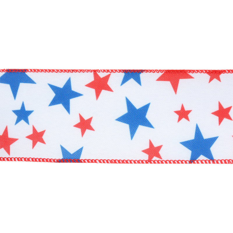 2 1/2 Wired Ribbon | White w/ Red/Blue Stars | 10 Yard Roll