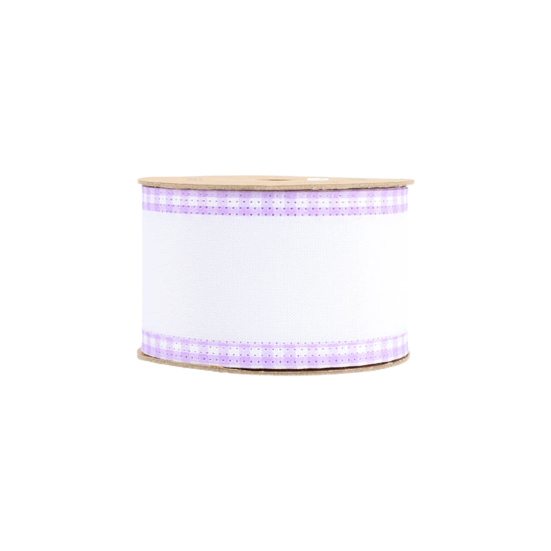 2 1/2" Wired Ribbon | White w/ Purple Gingham Edging | 10 Yard Roll