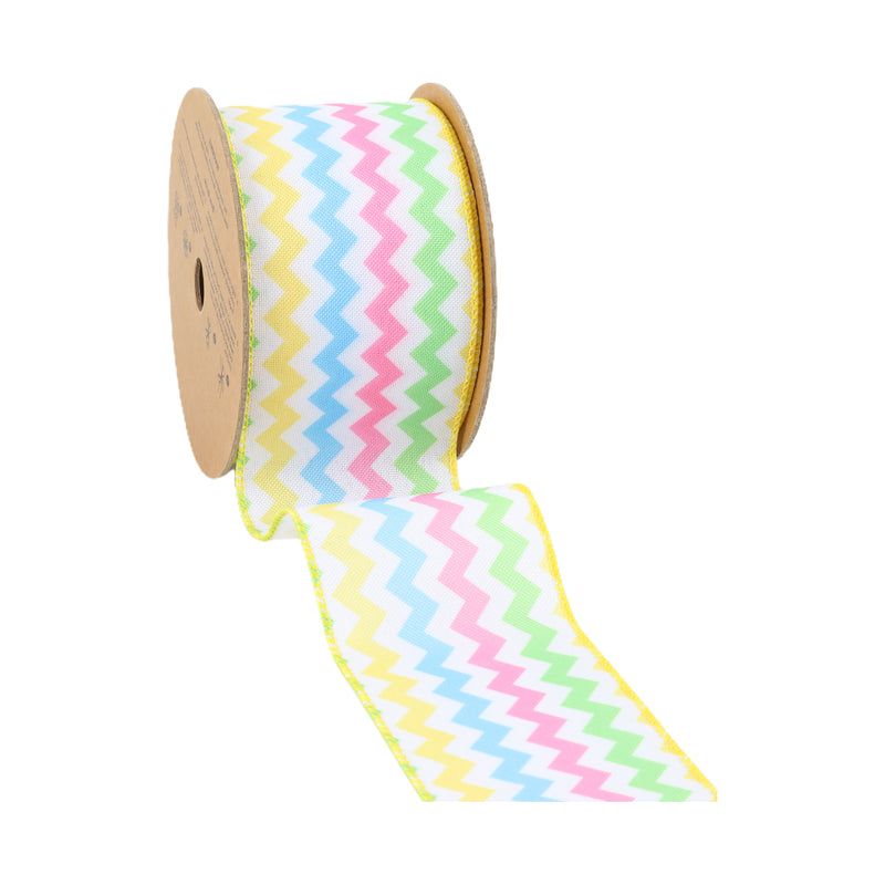 2 1/2" Wired Ribbon | White w/ Bright Ric Rac Green/Pink/Blue/Yellow | 10 Yard Roll