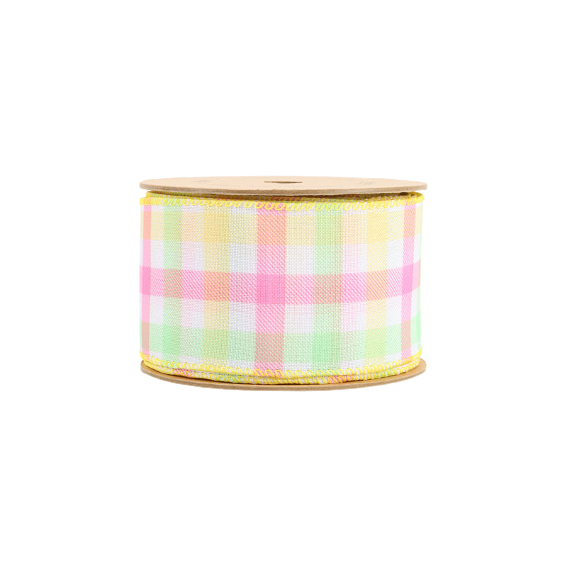 2 1/2" Wired Ribbon | White w/ Pastel Plaid Green/Yellow/Pink | 10 Yard Roll