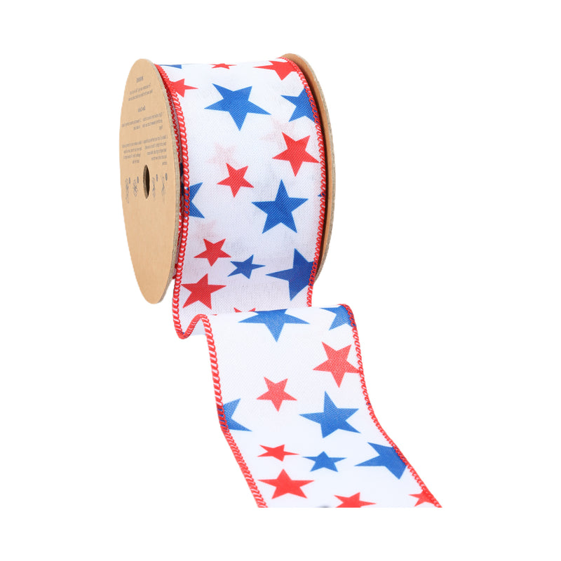 2 1/2 Wired Ribbon | White w/ Red/Blue Stars | 10 Yard Roll