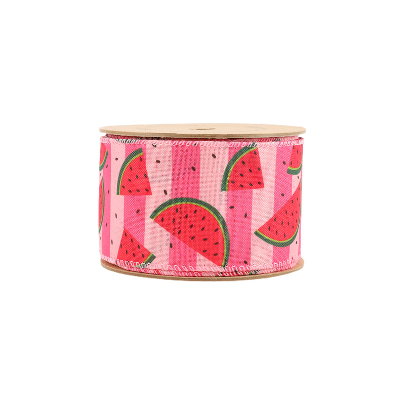 2 1/2" Wired Ribbon | Pink Striped Watermelon Slice | 10 Yard Roll