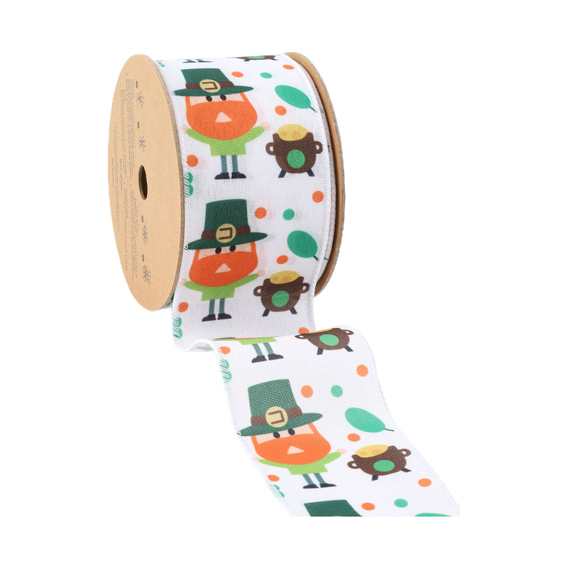 2 1/2 Wired Ribbon | White w/ Leprechaun & Pot O'Gold | 10 Yard Roll