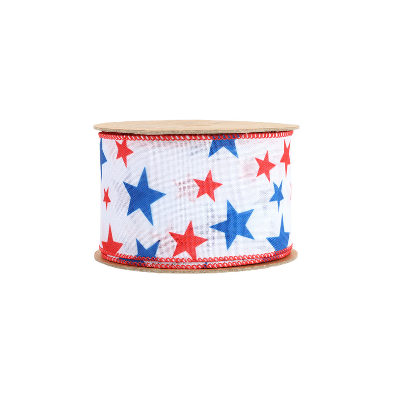 2 1/2 Wired Ribbon | White w/ Red/Blue Stars | 10 Yard Roll