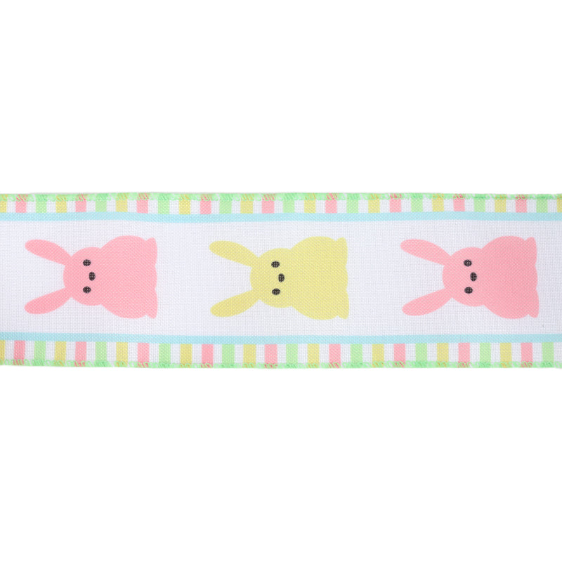 2 1/2" Wired Ribbon | White w/ Pink/Yellow Bunny Fronts | 10 Yard Roll