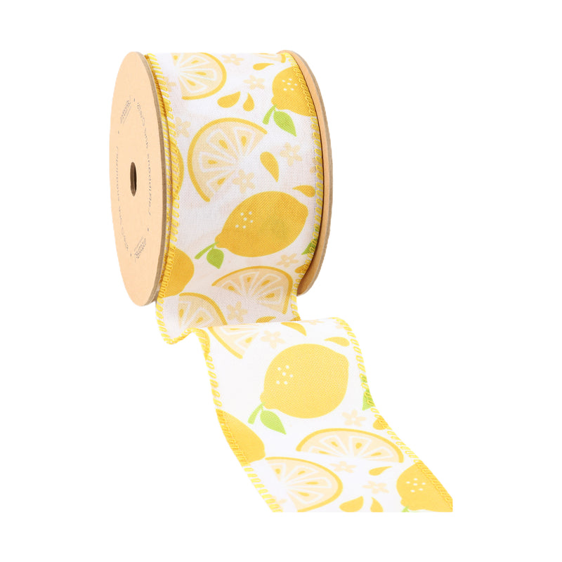 2 1/2" Wired Ribbon | Lemon Slice on White | 10 Yard Roll