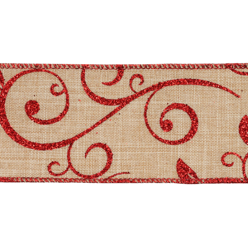 2 1/2" Wired Ribbon | "Scroll" Natural/Red (10076) | 10 Yard Roll