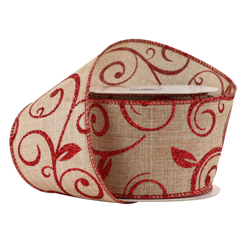 2 1/2" Wired Ribbon | "Scroll" Natural/Red (10076) | 10 Yard Roll