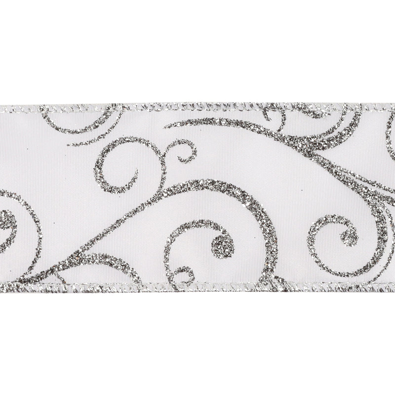 2 1/2" Wired Ribbon | "Scroll" White/Silver (10078) | 10 Yard Roll