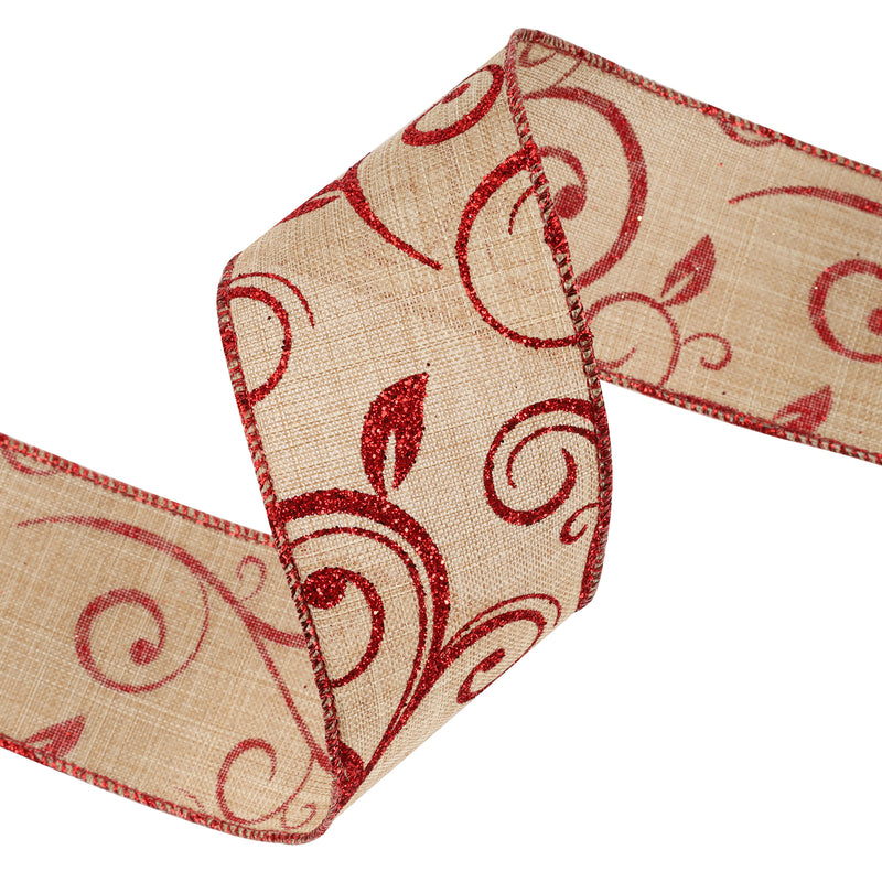 2 1/2" Wired Ribbon | "Scroll" Natural/Red (10076) | 10 Yard Roll