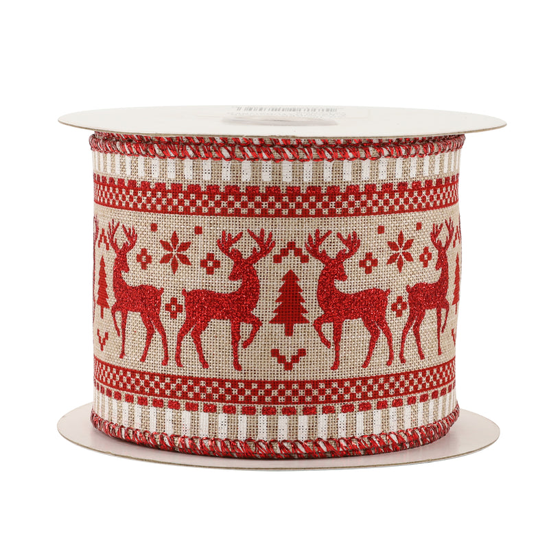 2 1/2" Wired Ribbon | "Reindeer" Natural/Red | 10 Yard Roll