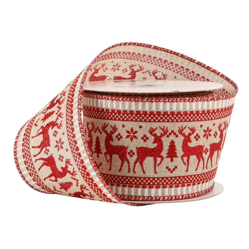 2 1/2" Wired Ribbon | "Reindeer" Natural/Red | 10 Yard Roll