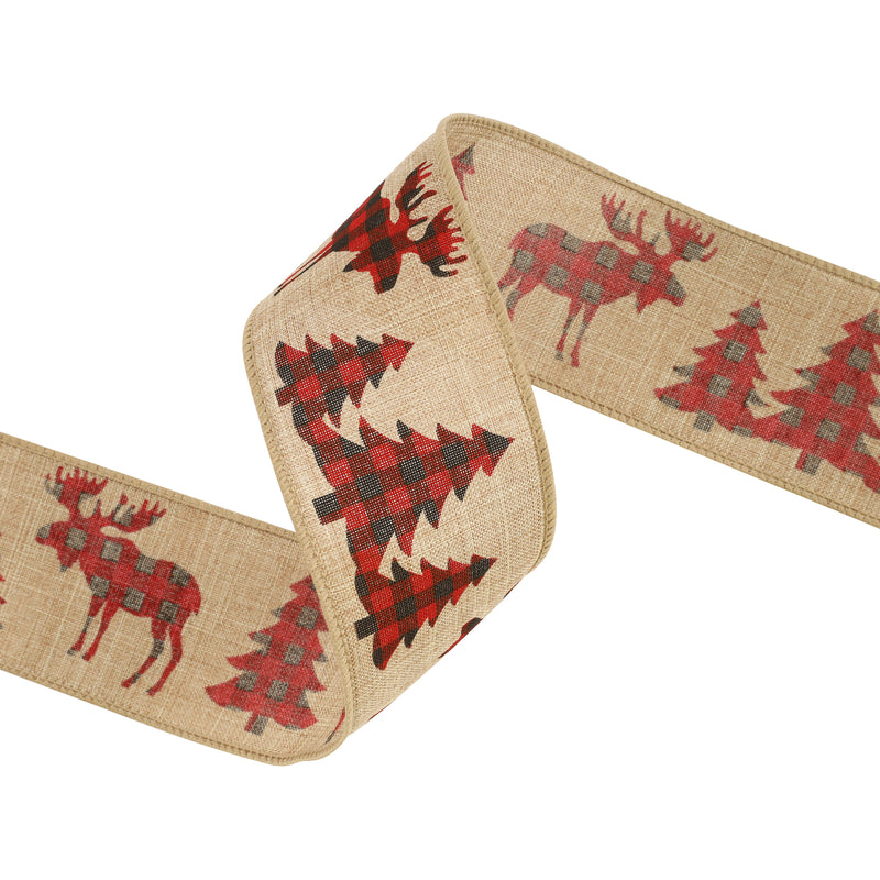 2 1/2" Wired Ribbon | "Reindeer Tree" Natural/Red/Black | 10 Yard Roll