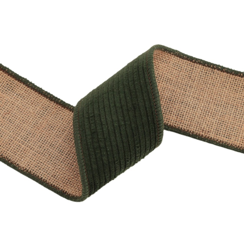 2 1/2" Wired Corduroy Ribbon | Green with Burlap Back | 5 Yard Roll