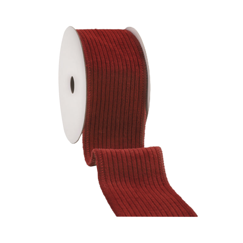 2 1/2" Wired Corduroy Ribbon | Red with Burlap Back | 5 Yard Roll