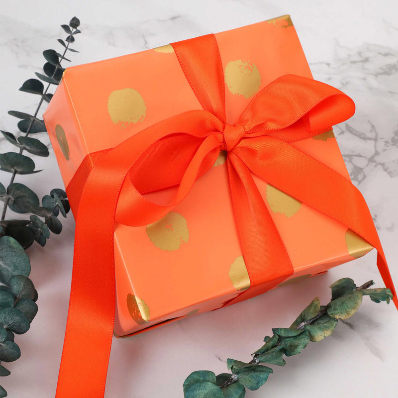 24" x 417' Wrapping Paper Half Ream | Orange w/ Metallic Gold Polka Dot