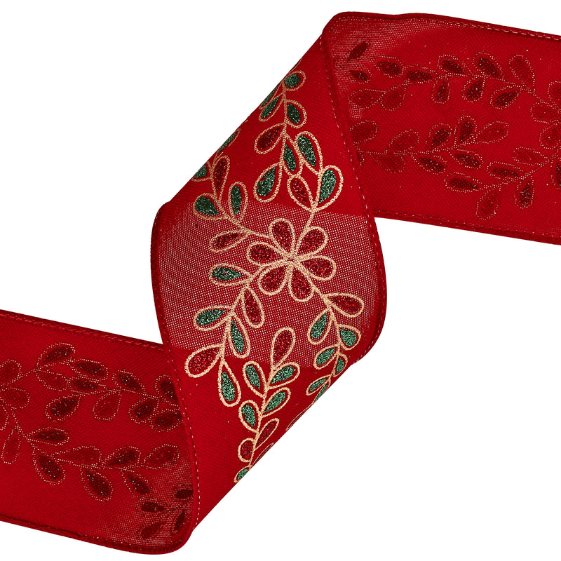 2 1/2" Wired Ribbon | Red/Green Glitter Printed Floral | 10 Yard Roll