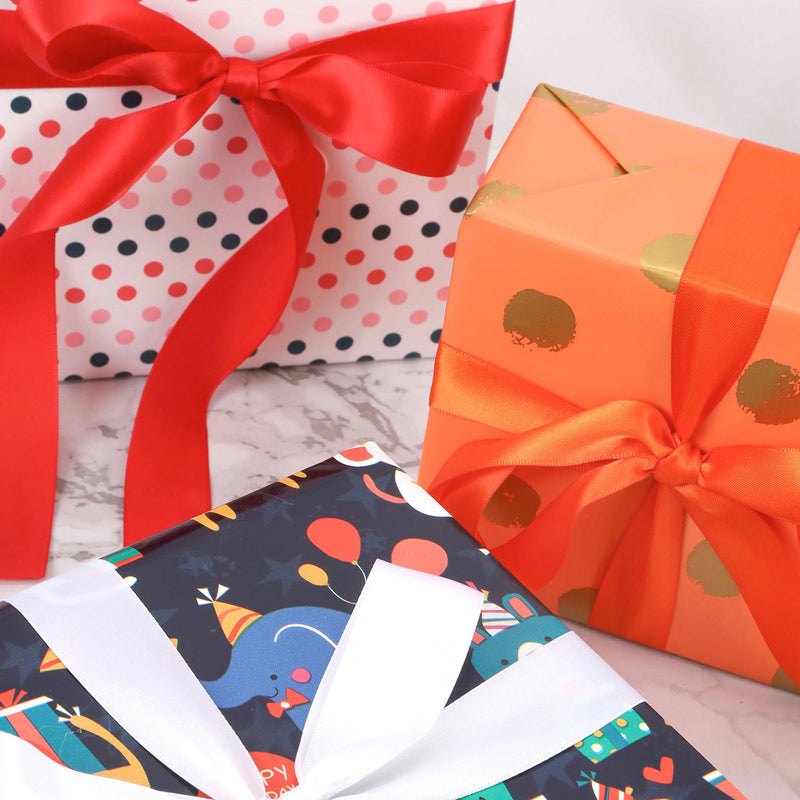 30" x 10' Wrapping Paper | Orange w/ Metallic Gold Polka Dot