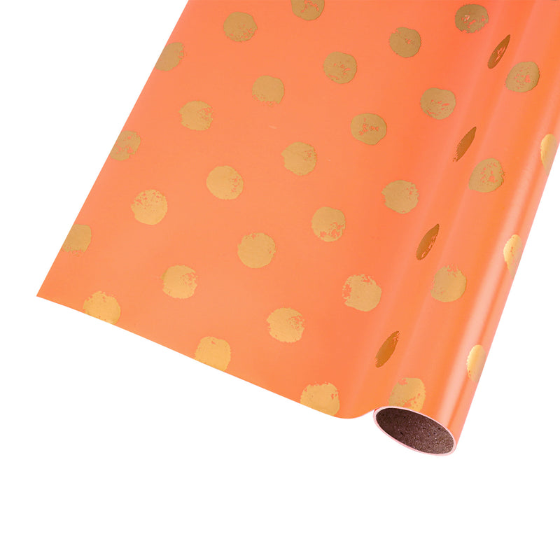 30" x 10' Wrapping Paper | Orange w/ Metallic Gold Polka Dot