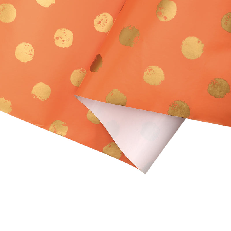 30" x 10' Wrapping Paper | Orange w/ Metallic Gold Polka Dot