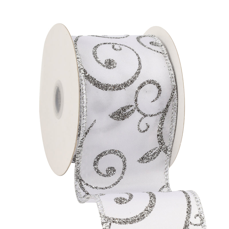 2 1/2" Wired Ribbon | "Scroll" White/Silver (10078) | 10 Yard Roll