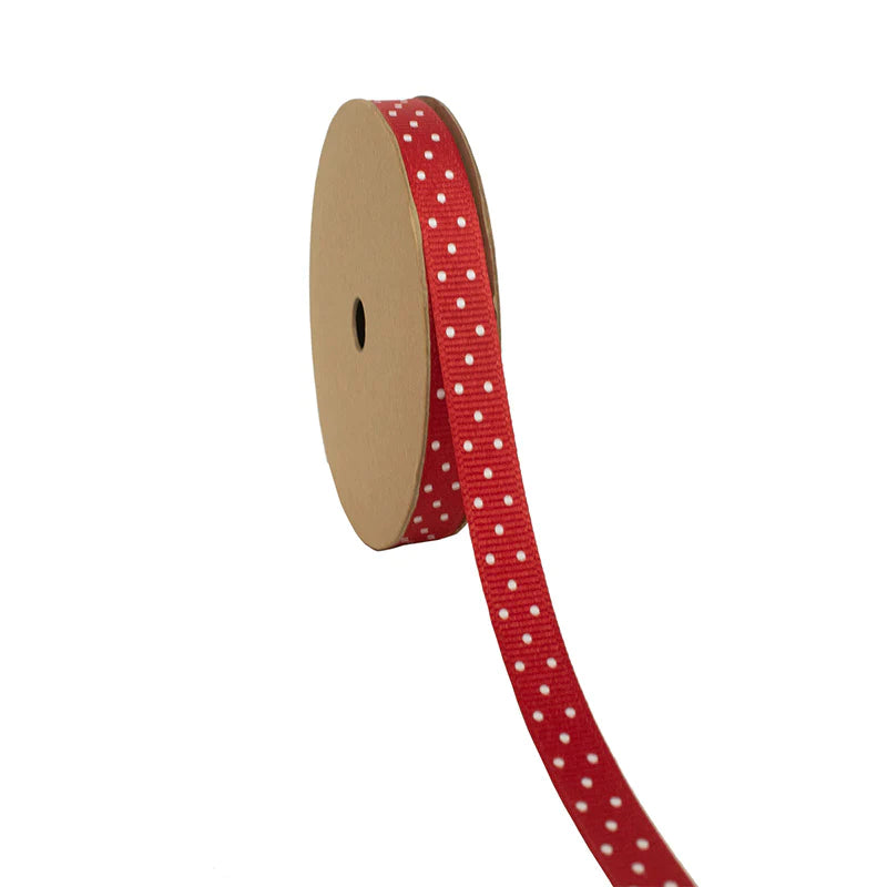 3/8" Swiss Dot Grosgrain Ribbon | Red (250)/White Dot | 25 Yard Roll