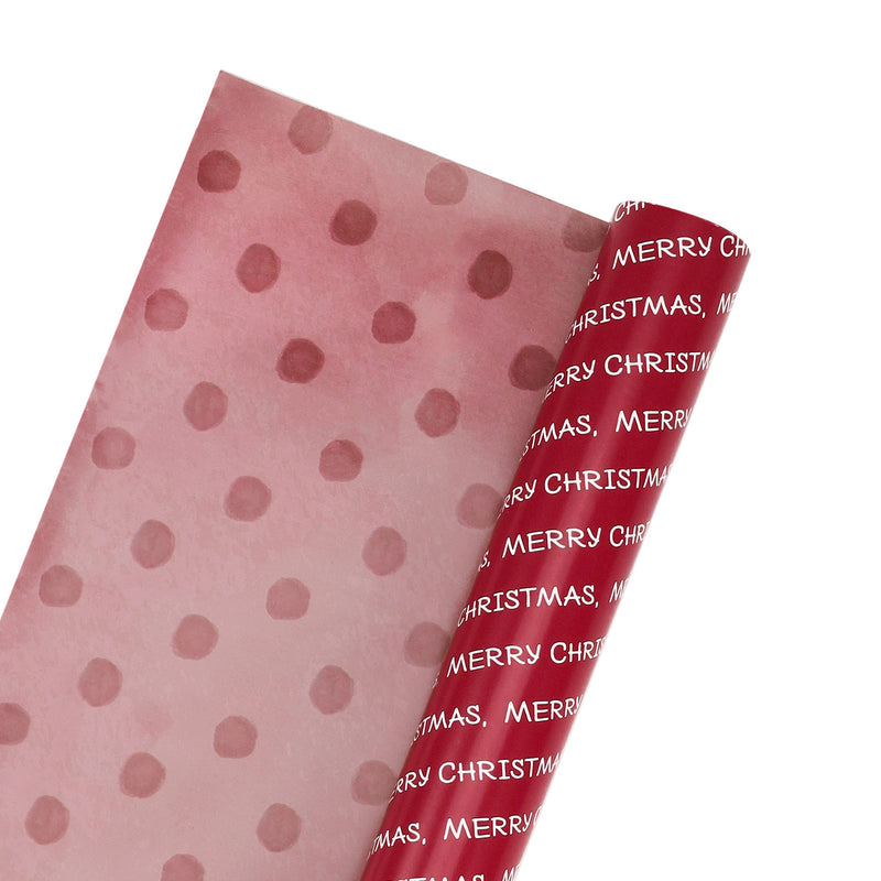 30" x 10' Holiday Reversible Wrapping Paper | Merry Christmas White on Red/Red Watercolor Dots