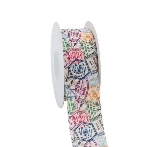 1 1/2" Printed Grosgrain Ribbon | Passport Stamps (10006) | 20 Yard Roll