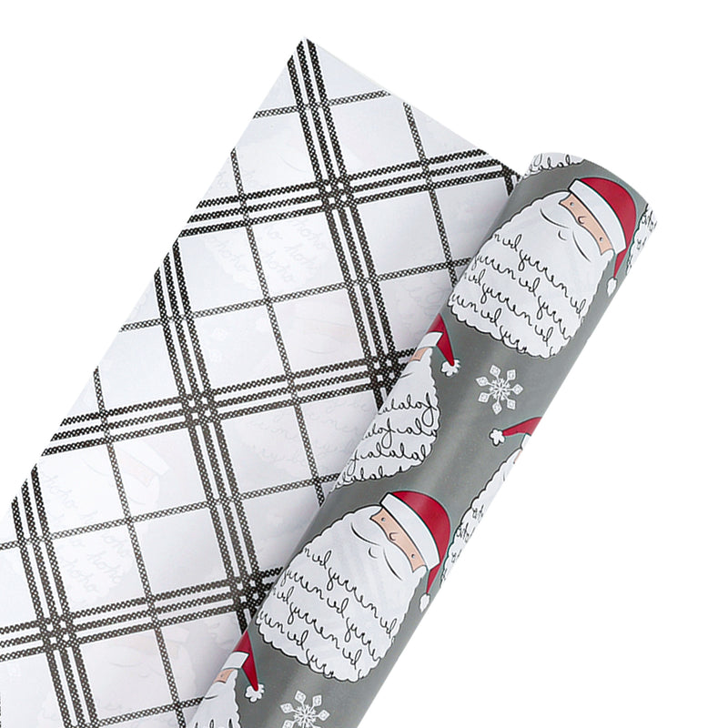 30" x 10' Holiday Reversible Wrapping Paper | Merry Santa Face/Black and White Plaid