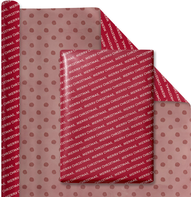 30" x 10' Holiday Reversible Wrapping Paper | Merry Christmas White on Red/Red Watercolor Dots