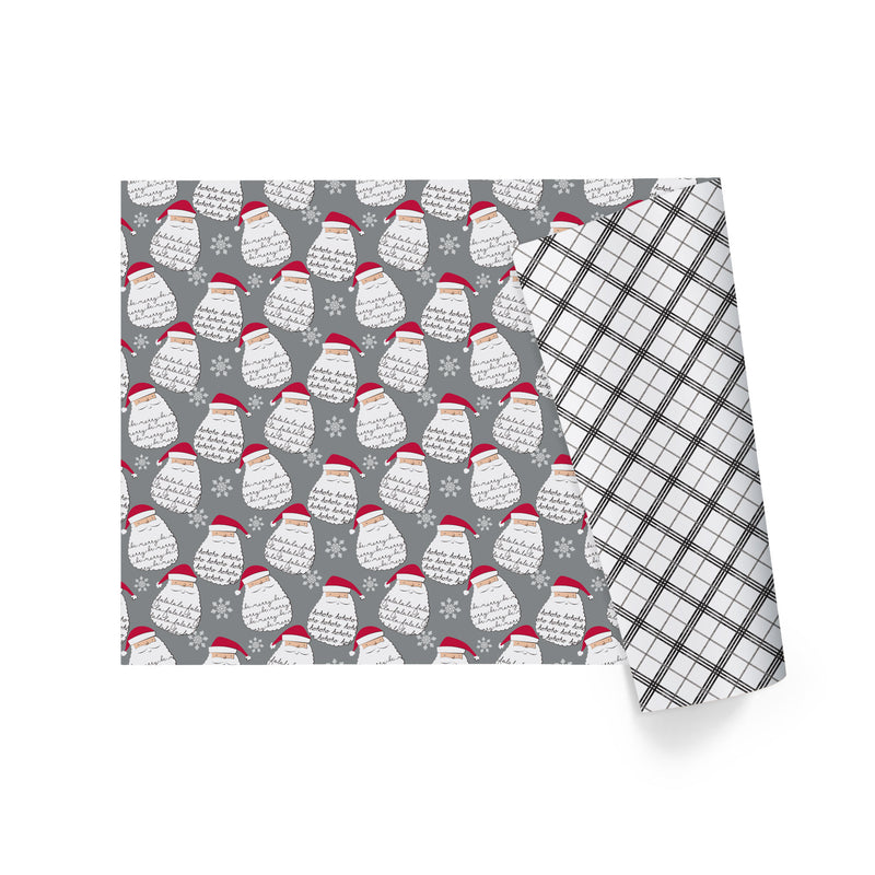 30" x 10' Holiday Reversible Wrapping Paper | Merry Santa Face/Black and White Plaid