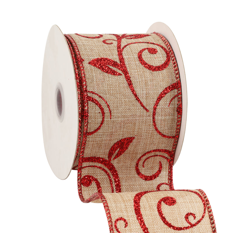 2 1/2" Wired Ribbon | "Scroll" Natural/Red (10076) | 10 Yard Roll