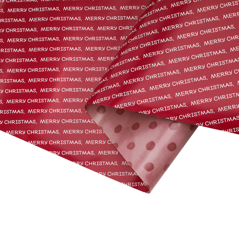 30" x 10' Holiday Reversible Wrapping Paper | Merry Christmas White on Red/Red Watercolor Dots