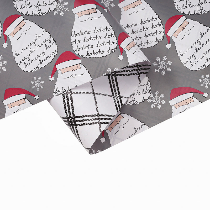 30" x 10' Holiday Reversible Wrapping Paper | Merry Santa Face/Black and White Plaid