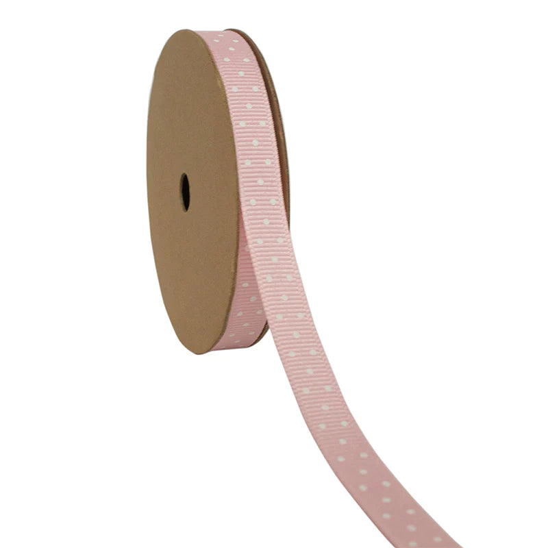 3/8" Swiss Dot Grosgrain Ribbon | Lt Pink (117)/White Dot | 25 Yard Roll