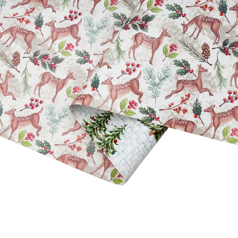 30" x 10' Holiday Reversible Wrapping Paper | Doe Floral/Winter Trees on White