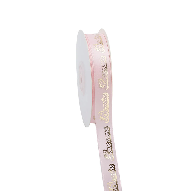 5/8" Printed Single Face Satin Ribbon | "Be Mine Love More" Pearl Pink (123)/Gold Foil Print | 20 Yard Roll