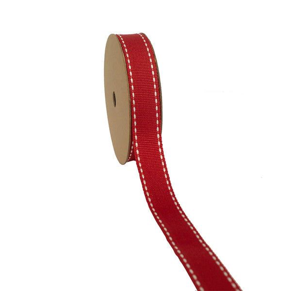 5/8" Saddle Stitch Grosgrain Ribbon | Red (250)/White Stitch | 25 Yard Roll