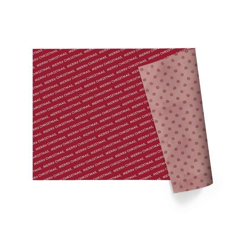 30" x 10' Holiday Reversible Wrapping Paper | Merry Christmas White on Red/Red Watercolor Dots