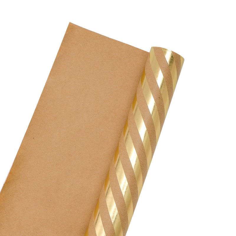 17" x 33' Mini Wrapping Paper | Kraft w/ Gold Metallic Diagonal Stripe