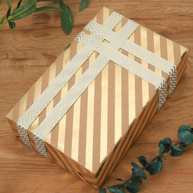 17" x 33' Mini Wrapping Paper | Kraft w/ Gold Metallic Diagonal Stripe